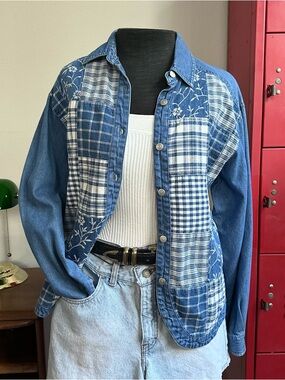 90’s Casey & Max Denim Patchwork Floral Button-Front Shirt